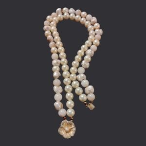 VINTAGE Pearl Choker Double Strand | Gold Textured Flower Pendant Necklace